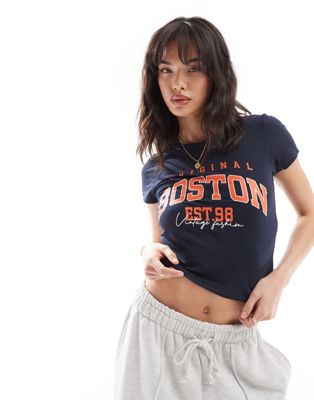 Noisy May cropped t-shirt with Boston print in navy