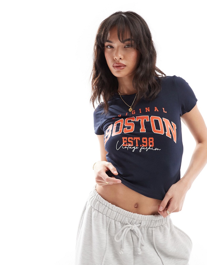 Noisy May cropped t-shirt with Boston print in navy