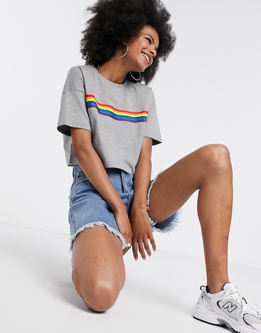 Noisy May cropped t-shirt with rainbow stripe in grey
