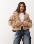 [Noisy May] Noisy May cropped teddy jacket in beige-White S Birch