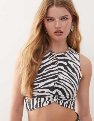 Noisy May - Cropped-Top mit verdrehter Vorderseite und Zebramuster-Schwarz
