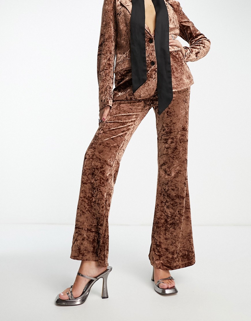 Noisy May crushed velvet flared trousers co-ord in brown