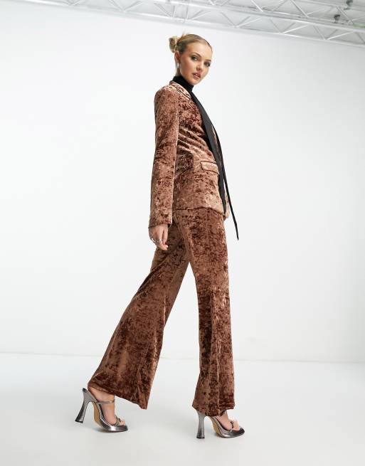 Noisy May crushed velvet flared trousers co-ord in brown