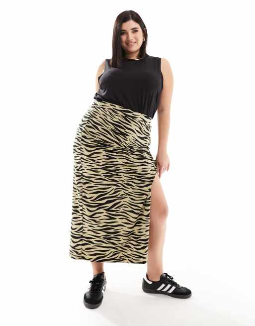 Noisy May Curve adjustable ruched midi skirt in beige zebra print