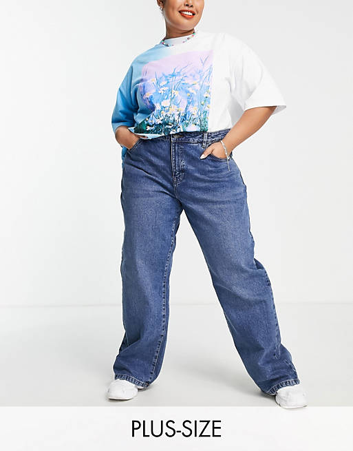 Women Noisy May Curve Amanda high waisted dad jeans in mid blue 