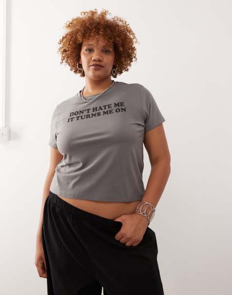 Noisy May Curve baby tee with don't hate me print in charcoal