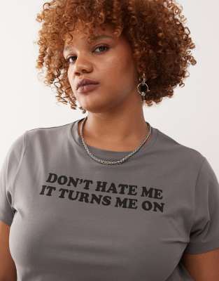 Noisy May Curve Baby Tee With Don't Hate Me Print In Gray