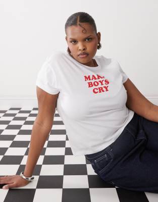 Noisy May Curve Baby Tee With Make Boys Cry Print In White