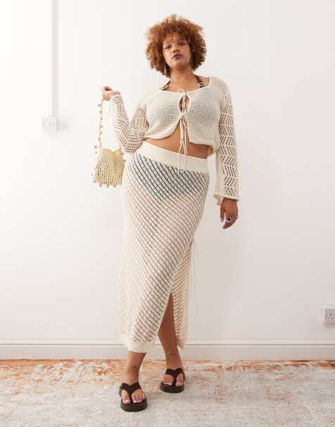 Noisy May Curve crochet tie detail maxi skirt co-ord in beige