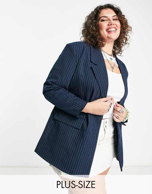 Noisy May Curve - Blazer dad oversize blu navy gessato in coordinato