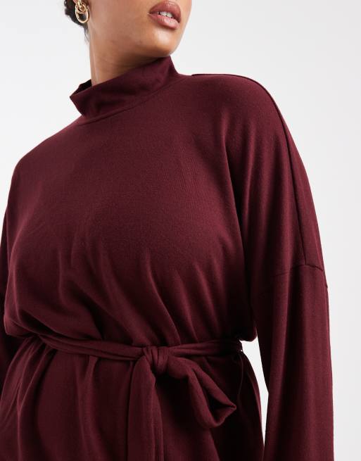 Noisy May Curve - Bordeaux strikket sweaterkjole med bindetalje og høj hals, 3 af 4