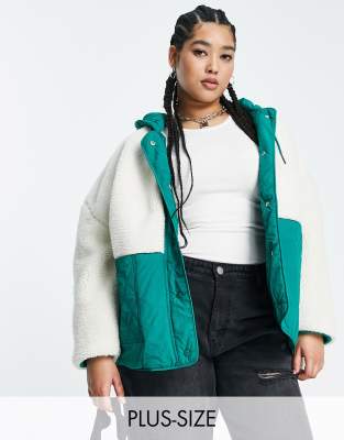 Noisy May Curve borg & quilted jacket in green & cream - ASOS Price Checker