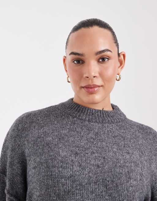 Noisy May Curve boxy drop shoulder crew neck knit jumper with exposed seams in charcoal, 2 of 4
