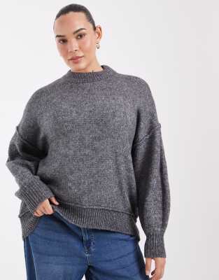 Noisy May Curve Boxy Drop Shoulder Crew Neck Knit Sweater With Exposed Seams In Gray