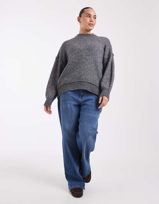 Noisy May Curve boxy drop shoulder crew neck knit sweater with exposed seams in charcoal, 3 of 4