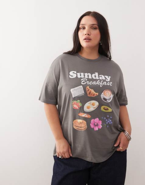 Noisy May Curve boxy fit t-shirt with breakfast graphics in gray - view 1
