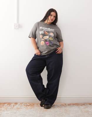 Noisy May Curve Boxy Fit T-shirt With Breakfast Graphics In Gray