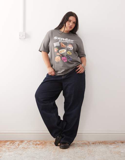 Noisy May Curve boxy t-shirt fit with breakfast graphic in grey, 2 of 4