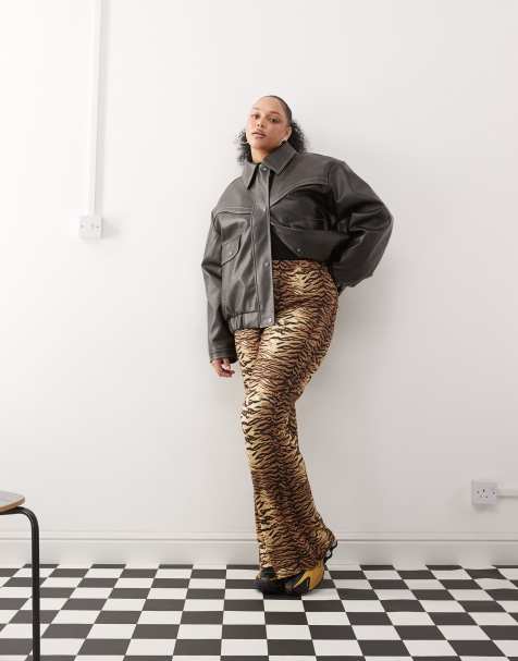 Noisy May Curve tiger print flare trousers in brown