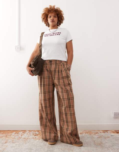 Noisy May Curve high waist wide leg trousers with pleat detail in brown check