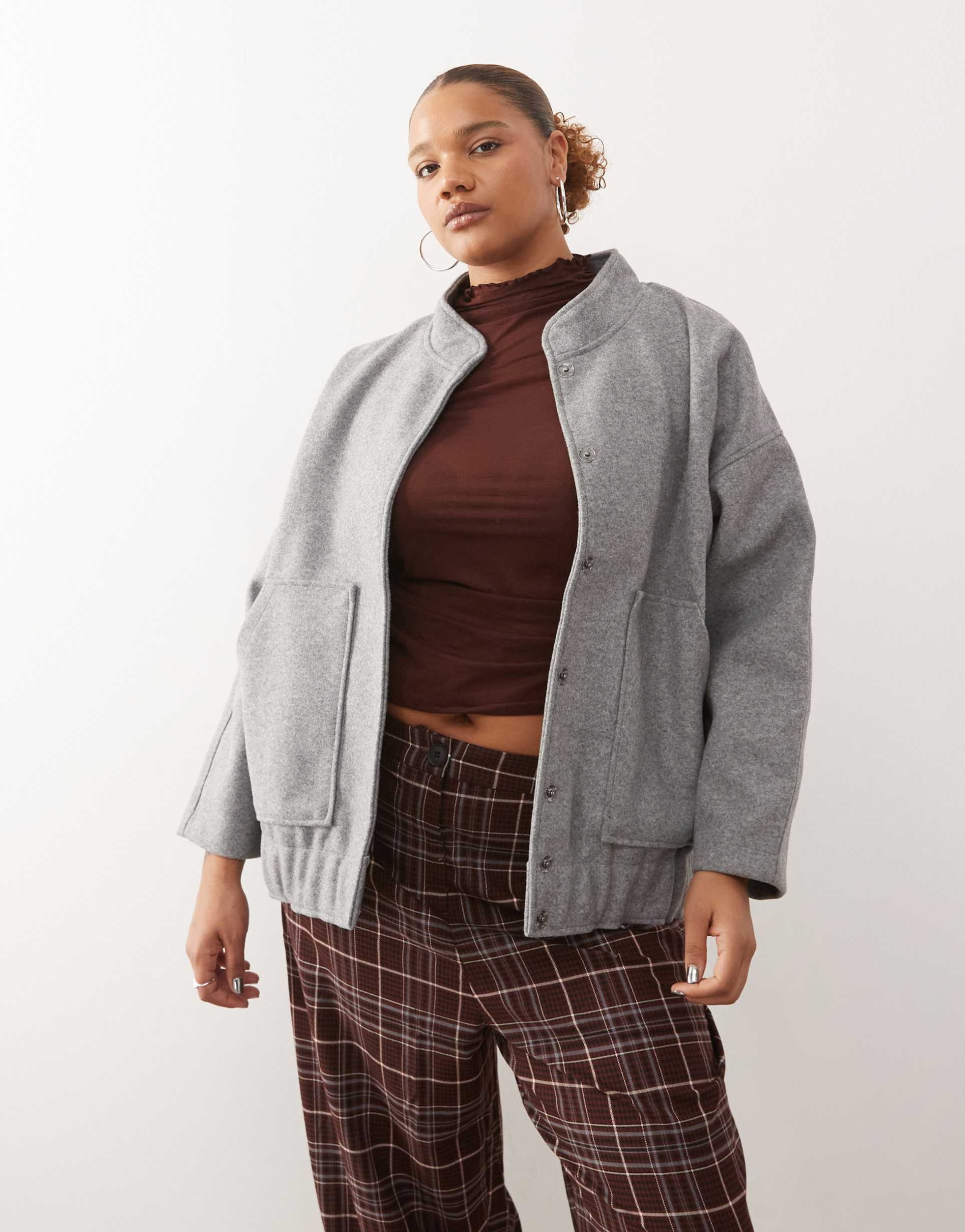 noisy may curve brushed bomber jacket in light gray