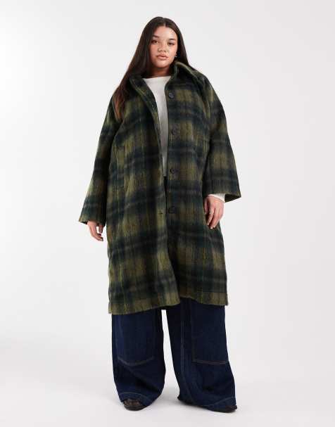Noisy May Curve brushed wool look maxi overcoat in dark green check