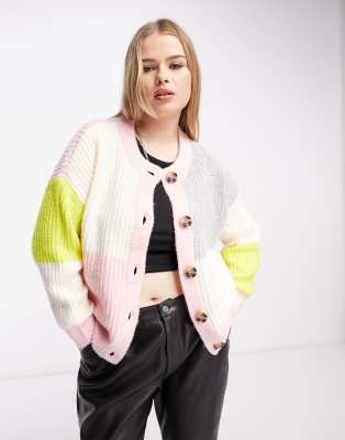 Noisy May Curve button down cardigan in multi pastel colourblock