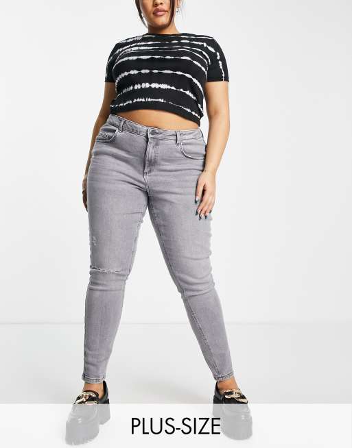 Noisy May Curve – Callie – Jeans in Hellgrau mit engem Schnitt, hohem Bund und Knieriss