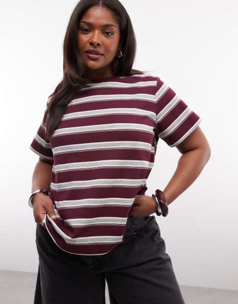 Noisy May Curve - Camiseta a rayas burdeos y color crema de corte cuadrado extragrande - view 1