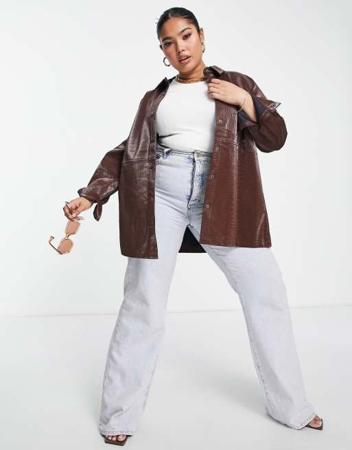Noisy May Curve - Chemise en imitation cuir effet croco - Chocolat, 3 de 4