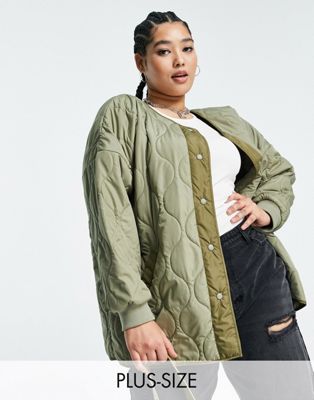 Noisy May Curve collarless onion quilted jacket in khaki