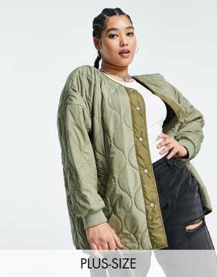 Noisy May Curve collarless onion quilted jacket in khaki-Green