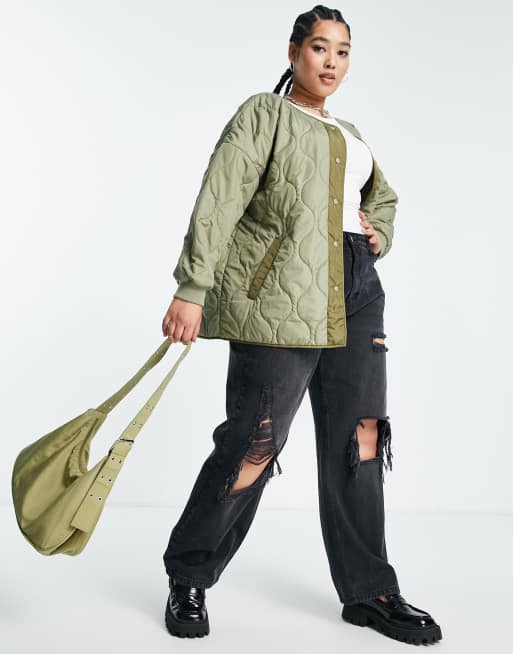 Noisy May Curve collarless onion quilted jacket in khaki | ASOS