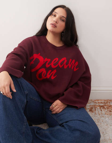 Noisy May Curve crew neck boxy knit sweater in burgundy with red - view 1