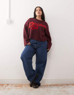 Noisy May Curve Crew Neck Boxy Knit Sweater In Red