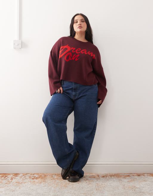 Noisy May Curve crew neck boxy knit sweater in burgundy with red, 2 of 4