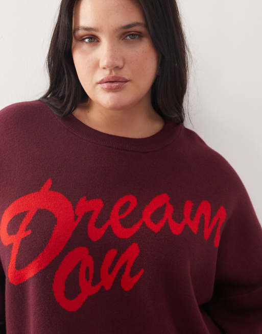 Noisy May Curve crew neck boxy knit sweater in burgundy with red, 3 of 4