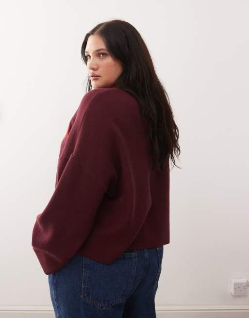 Noisy May Curve crew neck boxy knit sweater in burgundy with red, 4 of 4