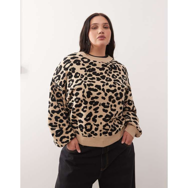 Plus Size Black Leopard Print Jumper Animal Print Crew Neck Button