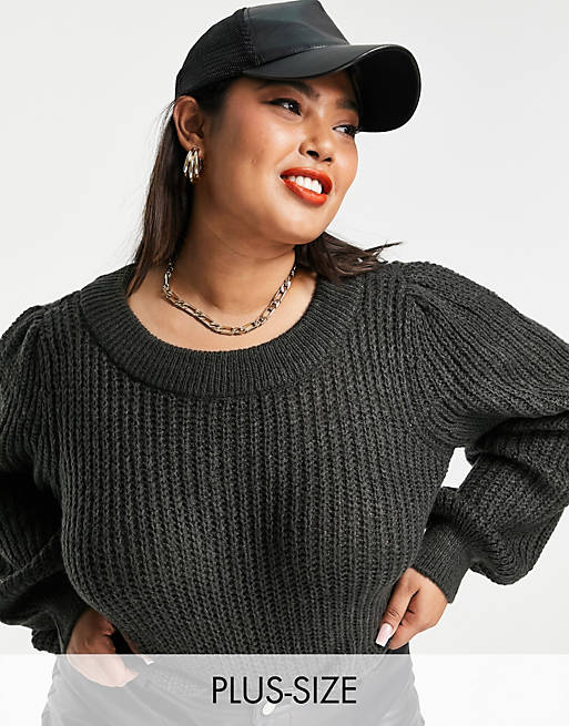 Women Noisy May Curve crew neck knitted jumper in dark grey 