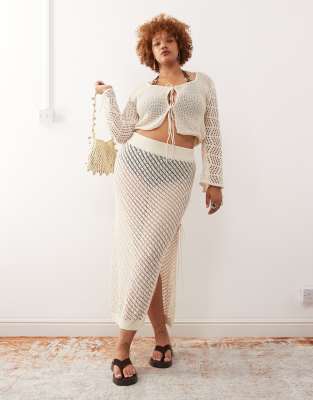 crochet tie detail maxi skirt in beige - part of a set-Neutral