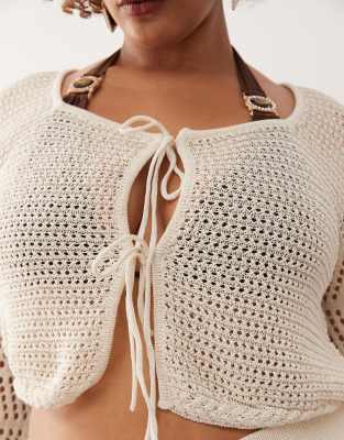 Noisy May Curve Crochet Tie Front Cardigan In Neutral