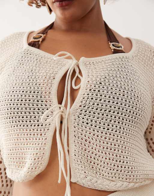 Noisy May Curve crochet tie front top in beige - part of a