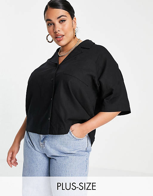 Noisy May Curve cropped linen shirt co-ord in black