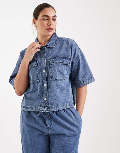 Noisy May Curve - Cropped overhemd met korte mouwen in middenblauw denim, deel van co-ord set - view 1
