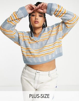 Noisy May Curve cropped v neck jumper in blue & yellow check