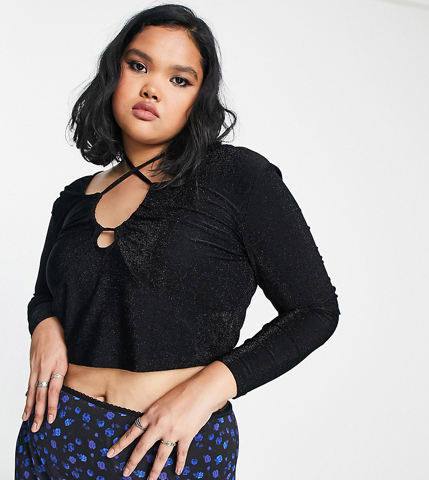 Noisy May Curve cut out top with strap detail in black glitter