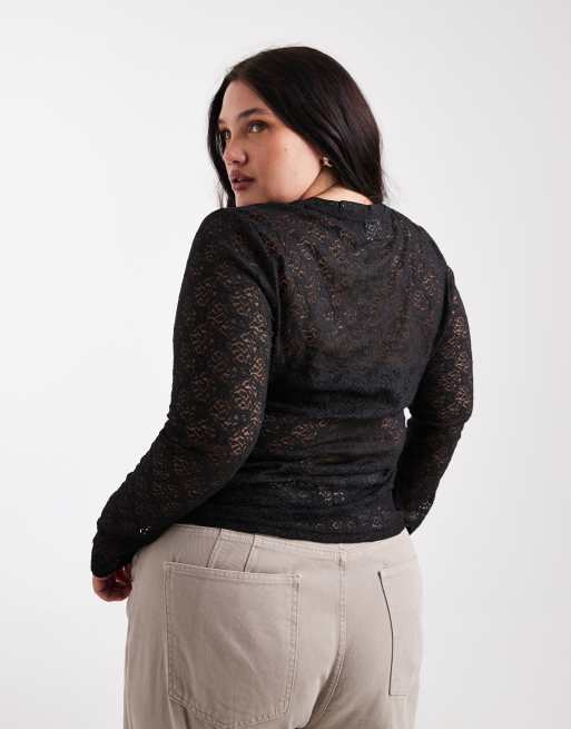 Noisy May Curve – Czarny koronkowy top z długimi rękawami, 4 z 4