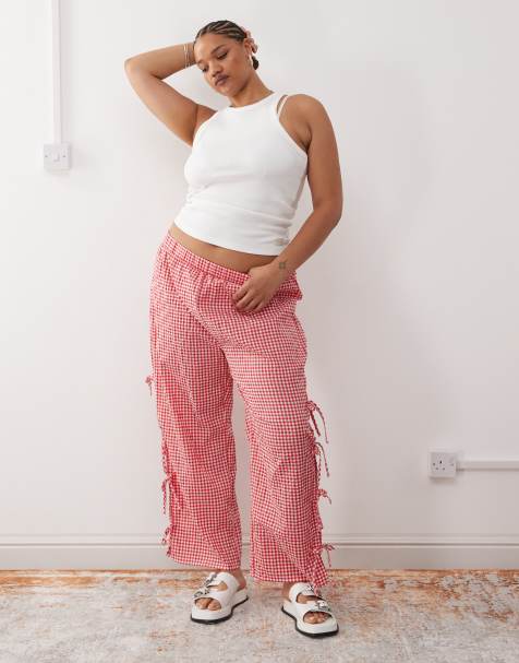 Noisy May Curve wide leg tie detail trouser in red gingham