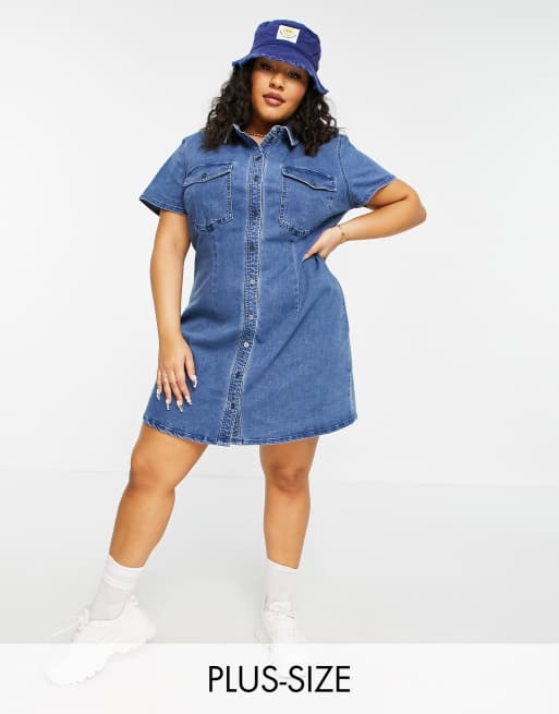 Noisy May Curve denim mini dress with pockets in medium blue denim